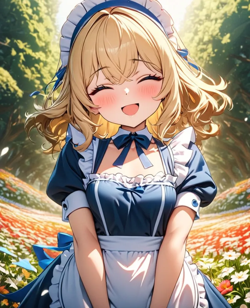 (8k, Ultra High Quality, masterpiece), ( details), one woman, small breasts, blond with a big face, cute, A little more,  blue ribbon, Apron Dress,  Blue Maid Outfit, Fundazy ,  paradise, tree, Flower Field,  clear, date,  like a ,  best smile, has an open...