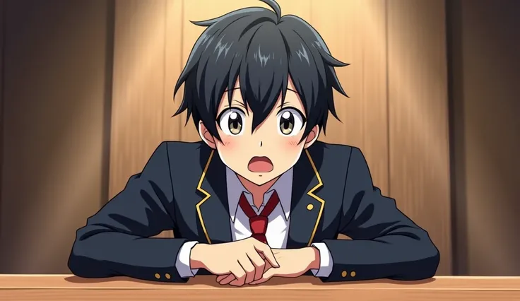 The anime illustration is bright and intense, anime guy with dark short hair, dressed in a magician's school uniform, he has a surprised face with pronounced surprised eyes and open mouth, he's sitting at a wooden table. The wooden table is closer to us,  ...