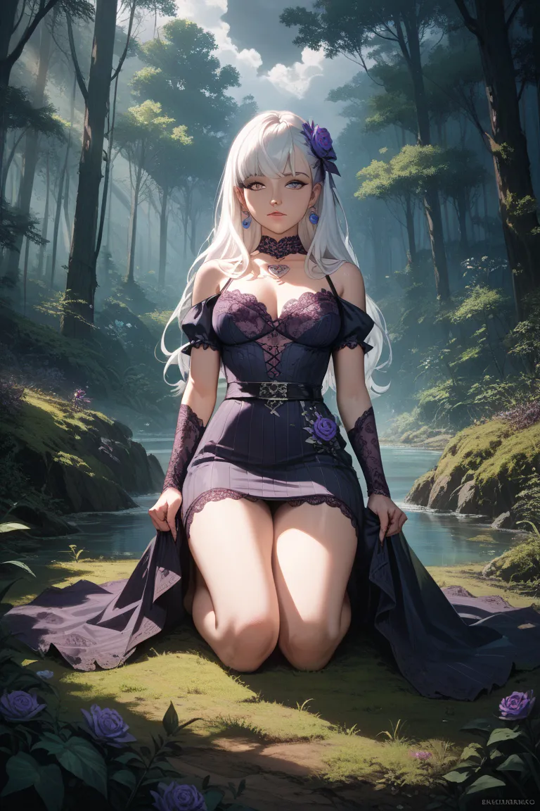 poison forest、Crippled legs、Sleeping Princess、White hair covering the whole body、dark sky、Purple lace dress