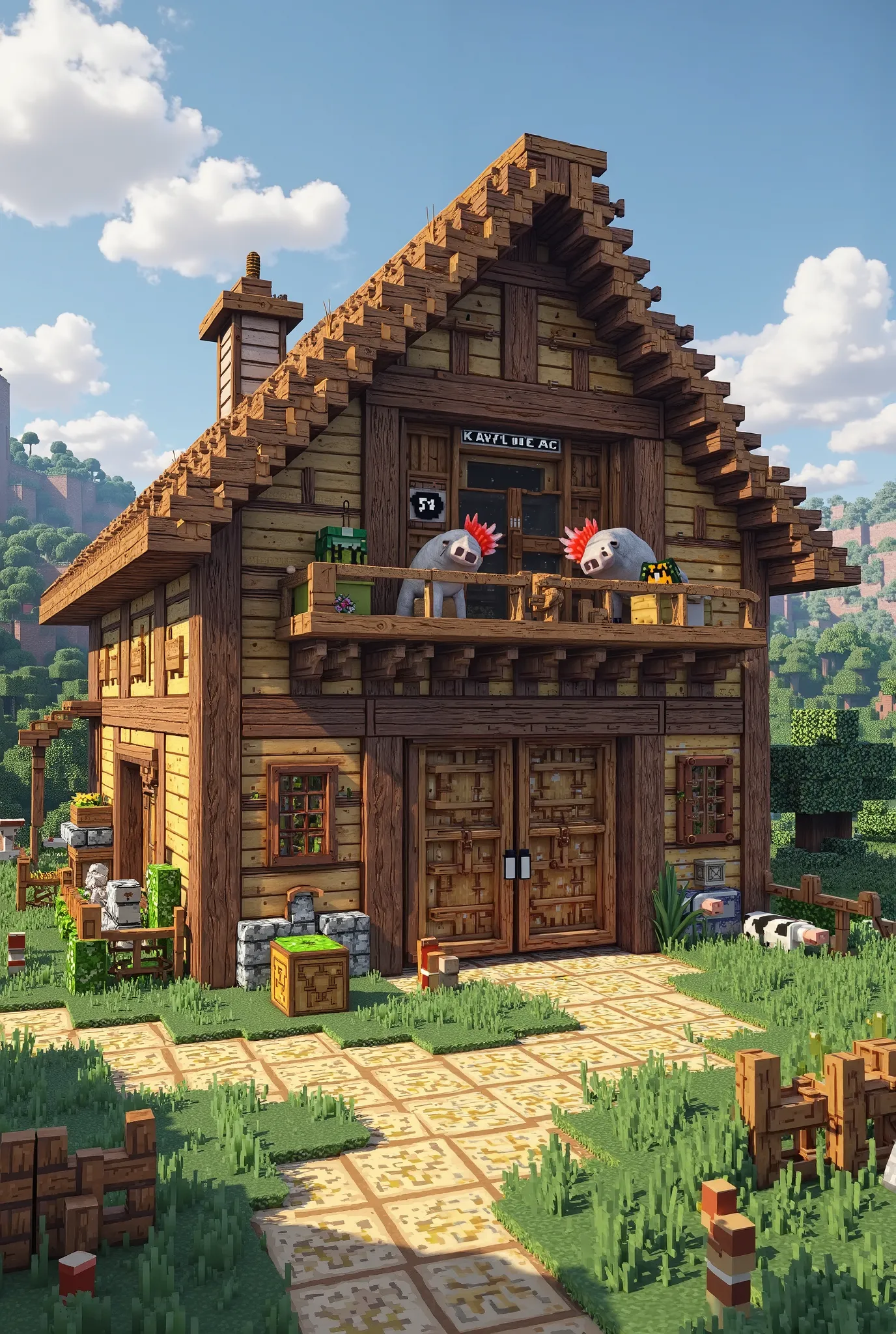 Generate me a medium size Minecraft barn that is primarily made from cherry blocks and can house chicken, pig, cow, ang sheep with their own section