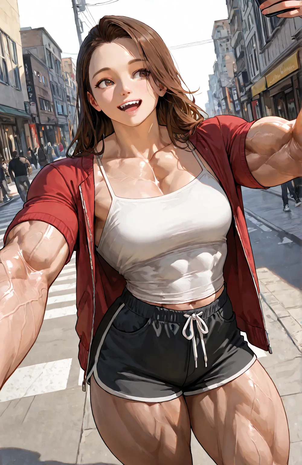 best quality, masterpiece, ultra-detailed, 8k resolution, tall young woman accidentally bumping  ,  and apologizing, wearing casual modern clothing,open jacket, camisole, selfie,happy, urban street background with pedestrians and buildings, white backgroun...