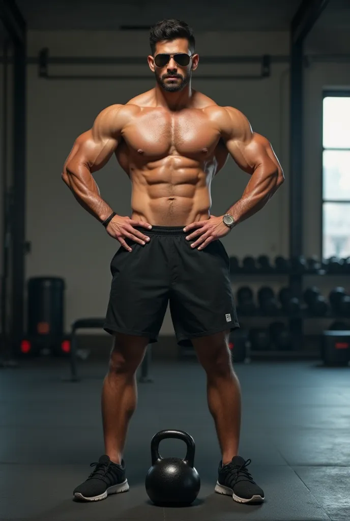 A **fit and athletic South Asian male**, around **32 years old**, stands confidently in an **industrial-style gym**. He has a **medium muscular build**, with **defined abs, toned arms, and a strong chest**, but not overly bulky. His **body proportions are ...