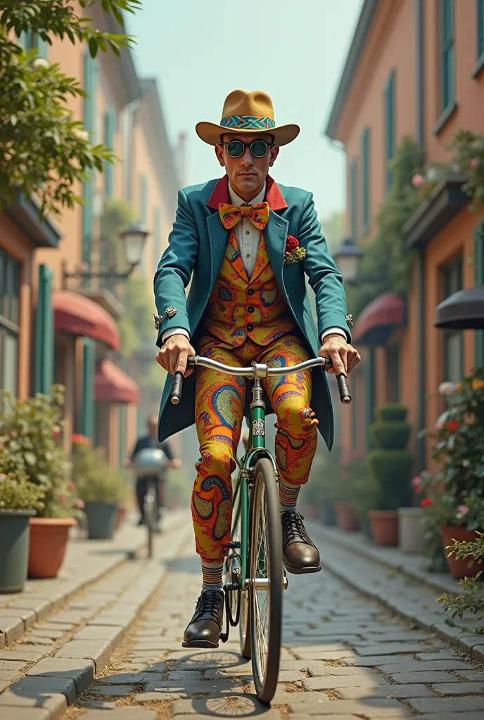 A gentleman cycling on a vintage bicycle dresses outlandishly