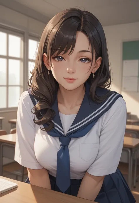 Japanese high school girl、few々looks mature and strong、Cute face、long hair、 taking off your uniform 、The background is school