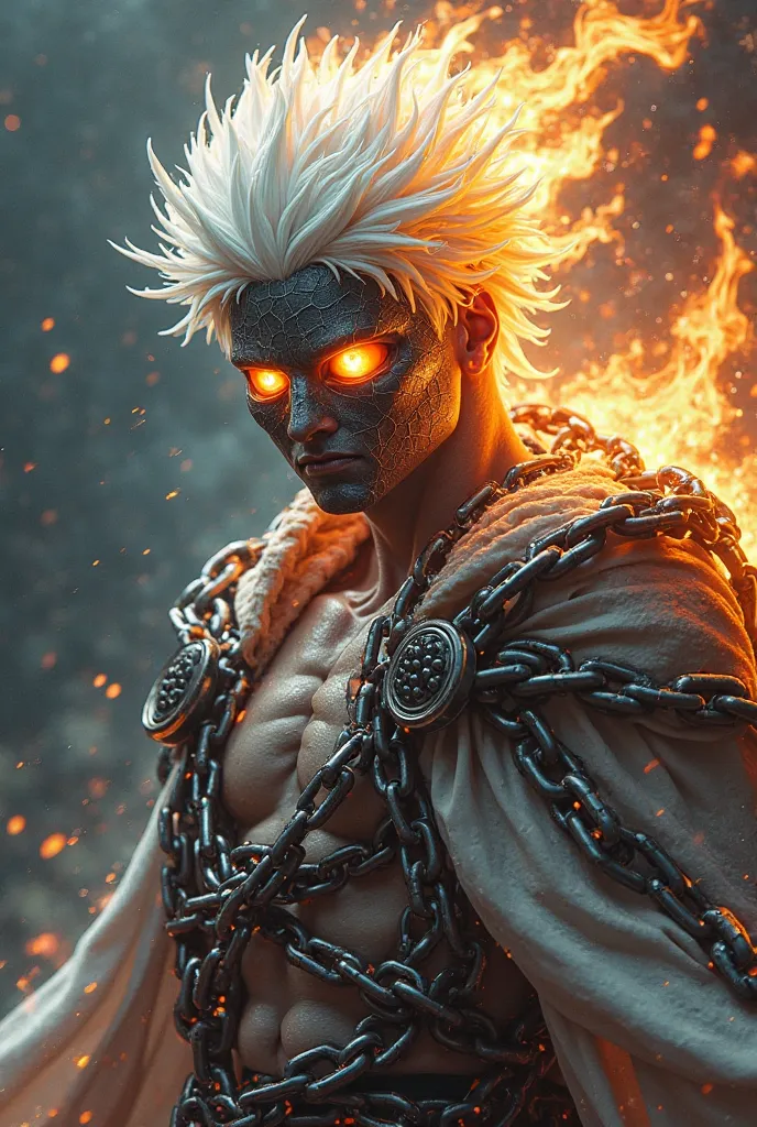 White, glowing spiky hair infused with flames, a cracked Hollow mask covering part of the face, and a blindfold over glowing, mystical Six Eyes. His body is wrapped in demonic chainsaw chains, with a flowing cape that radiates infinite power. His muscles a...