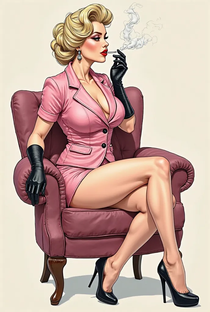 Side view of a manga-style drawing of a plump, luxurious Marilyn Monroe hair-styled woman sitting on the chair, smoking in a pink short-sleeved suit and very short miniskirt, wearing black high heels and long gloves that reach down to her shoulders.