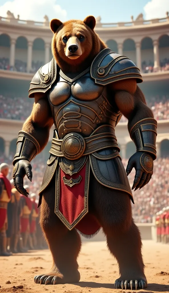  realistic brown bear in human body as gladiator in arena with armor and Clawed Gauntlets 