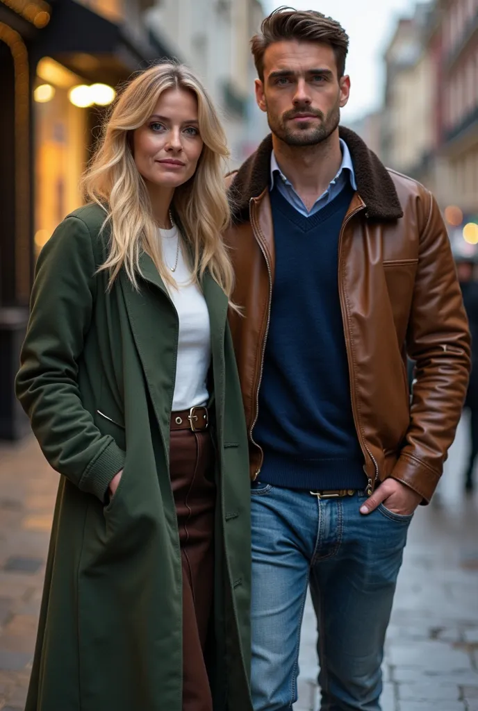 Londres le soir, femme 30 ans, blonde, cheveux long, manteau vert, haut blanc, jupe en cuir, bottines, embrasse, un homme sexy, 30 ans, cheveux court, brun, veste en cuir, pull bleu, jean, basket, haute résolution