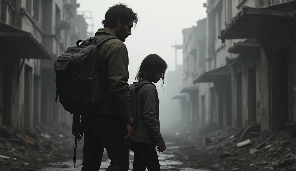 create an image based on the game THE LAST OF US,  in shades of gray, joe amd Ellie indo embora 
