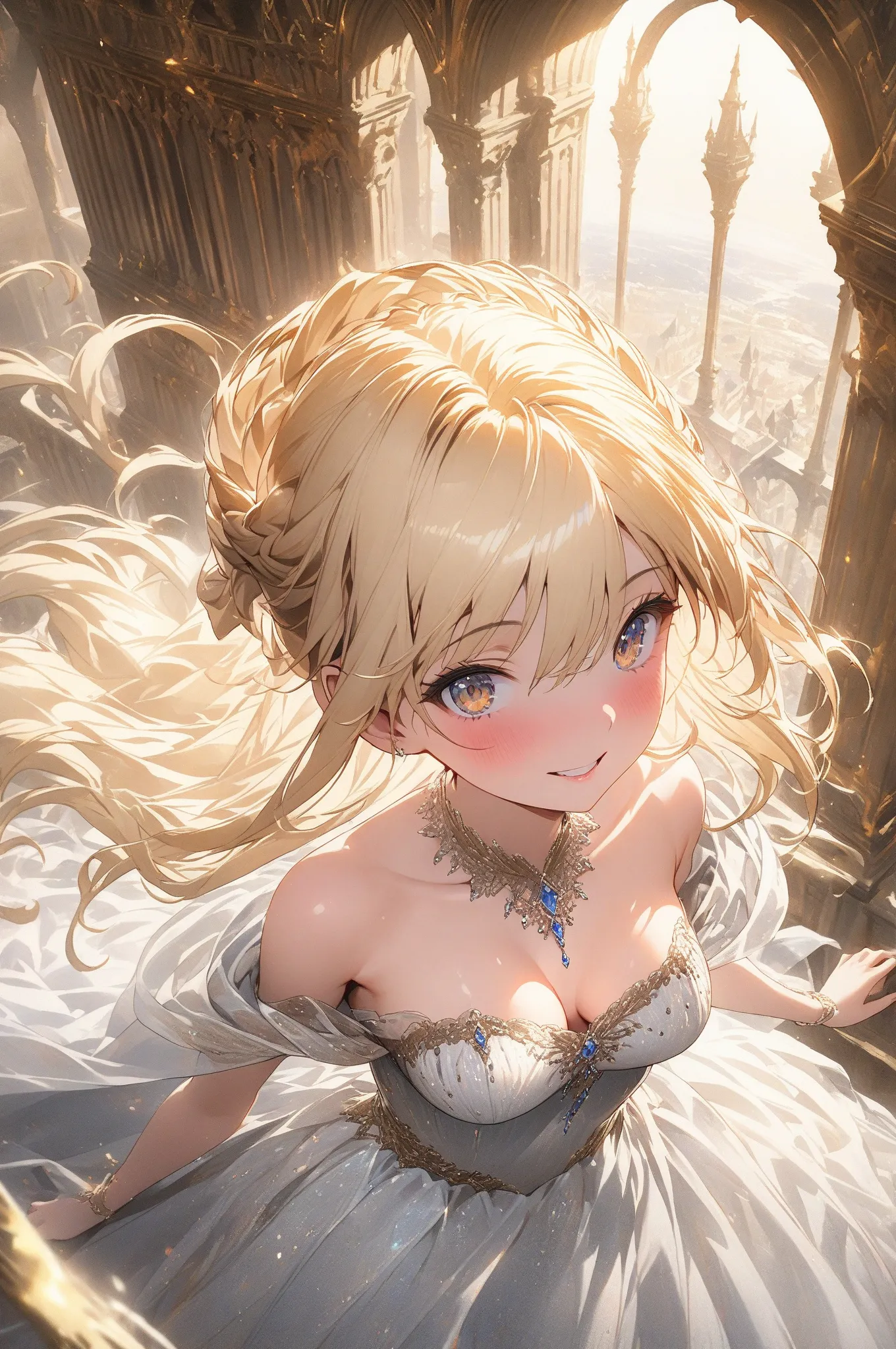 (masterpiece, detailed:1.2), One Girl, Princess, (18-years old), blonde one updo, Medium Breasts, Surprised, BREAK, Highest quality, castle, view from above, focus on cleavage