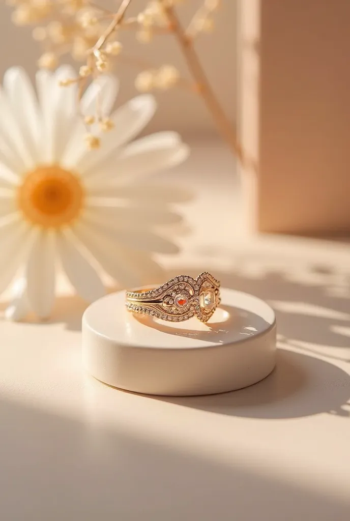 Ring photography in a photo studio, blurred background,  light colors, warm, blur, minimalist studio