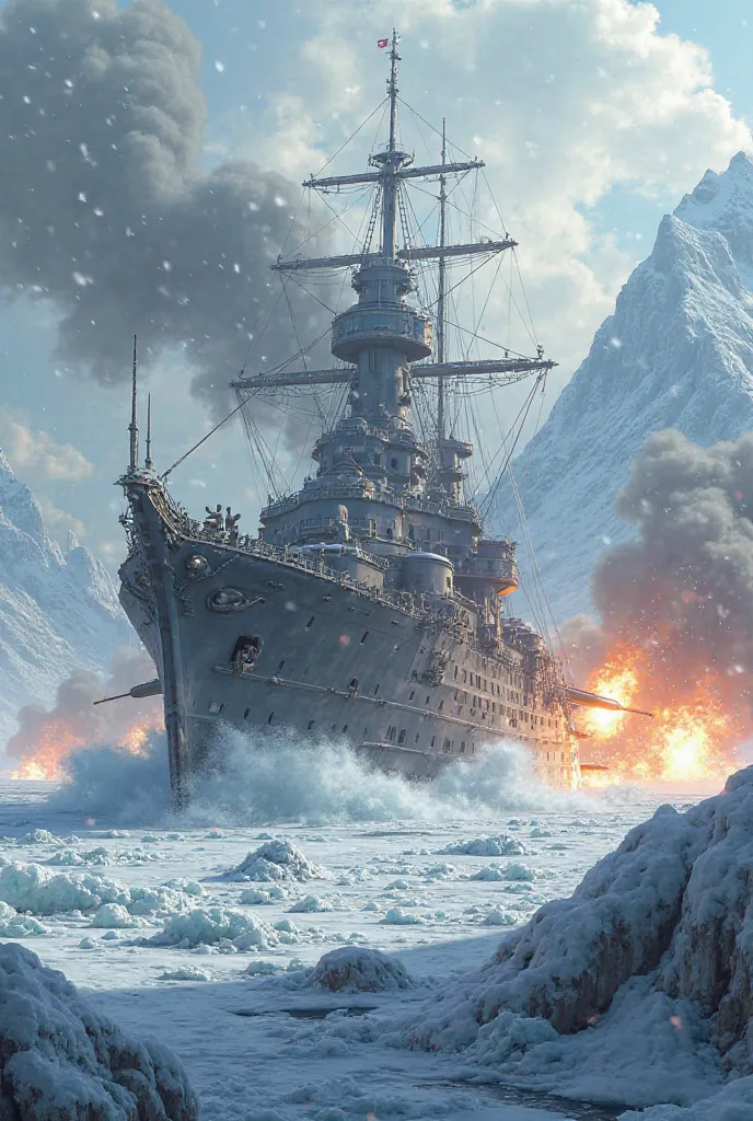 A warship fires its cannons on the ice 