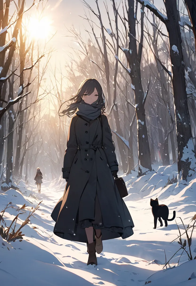 Animation, 8K quality, work of art, theme is "walking in the wind", a girl and a black cat walking in the winter wilderness, a snowy field with remaining snow in places, withered plants and trees are deserted with snow piled up on the branches, a snowy win...