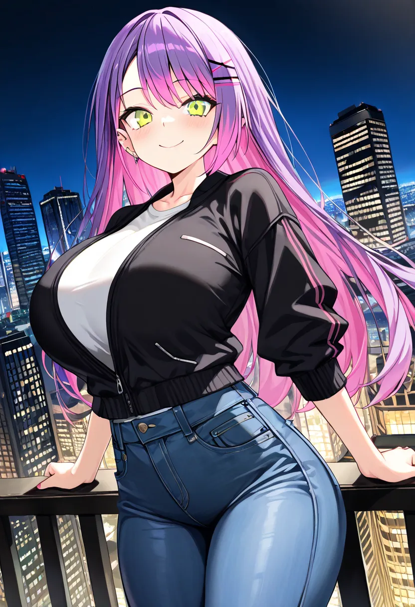 (highest quality , 8k , masterpiece , incredibly absurdres , perfect body , super detailed skin , highly detailed eyes and face , 1 woman ) , tokoyami towa , purple Hair , Green eyes , smile ,  will be happy , ( Casual Chic Style , Perfectly Fitted Jeans ,...