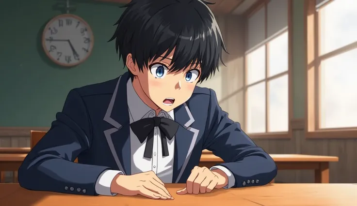 The anime illustration is bright and intense, anime guy with dark short hair, dressed in a magician's school uniform, he has a surprised face with pronounced surprised eyes and open mouth, he's sitting at a wooden table. The wooden table is closer to us,  ...