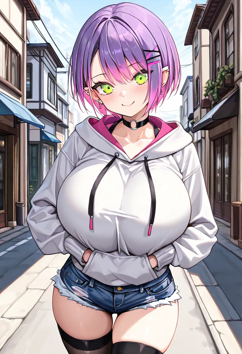 (highest quality , 8k , masterpiece , incredibly absurdres , perfect body , super detailed skin , highly detailed eyes and face , 1 woman ) , tokoyami towa , purple Hair , Green eyes , smile ,  will be happy , ( hoodie,  ultra short denim shorts , thigh-hi...