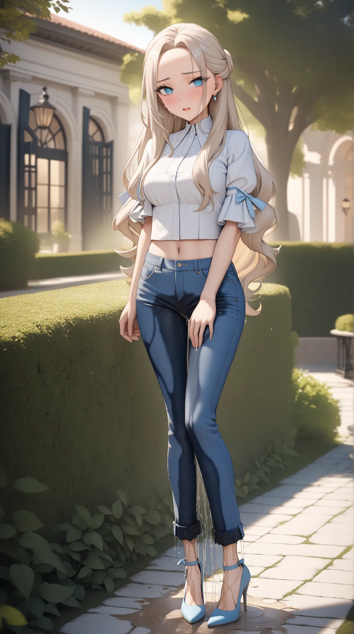 A youthful scandinavian female with dazzling eyes and lovely long hair and forehead with skinny body with round ass and medium breast with is (wetting herself:1.5) in desperation. She is wearing blue denim flared pants with chic outfit and footwear. A larg...