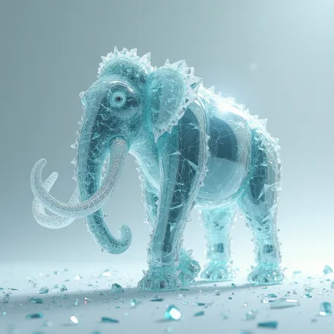  This is a digital artwork featuring a stylized, surreal image of a mammoth  made entirely of shattered glass.