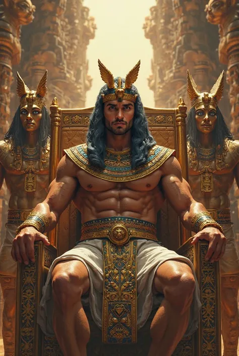 Handsome muscular man  , sexy , rubio , blue eyes , Pharaoh&#39;s dress  , Seated on the throne and in the background the Egyptian gods.