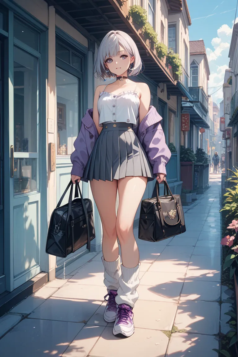 Purple cropped cardigan with closed buttons, white camisole underneath and gray pleated skirt、Bob girl wearing white sneakers and white leg warmers and the bag is a black tote bag
The full body outfit above