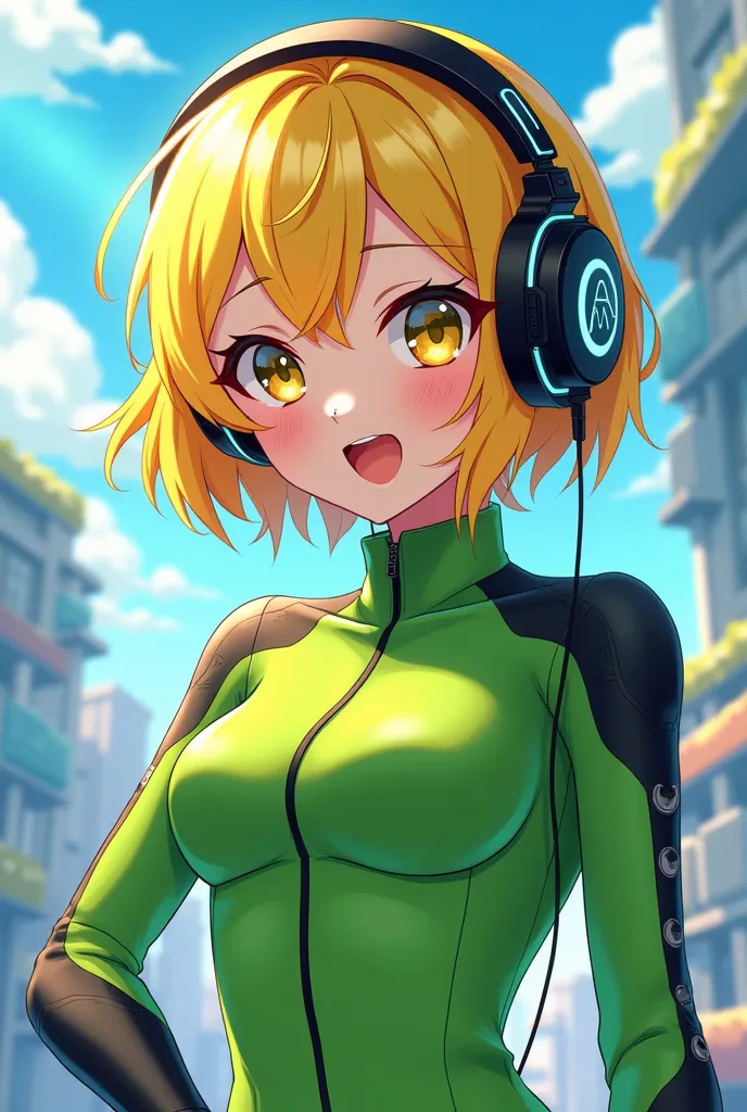 Anime girl with short yellow hair and green outfit with gamer headphones 