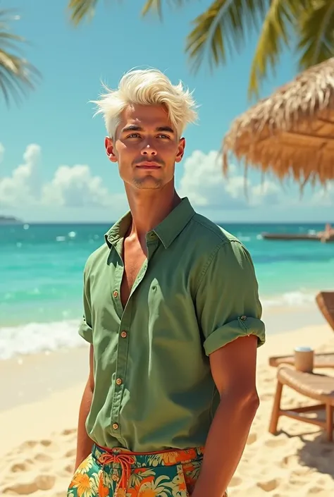 The character is male
 28 years old and the hair is white and a little yellow and the clothes are green are beach clothes and the shorts are green, orange and some yellow.