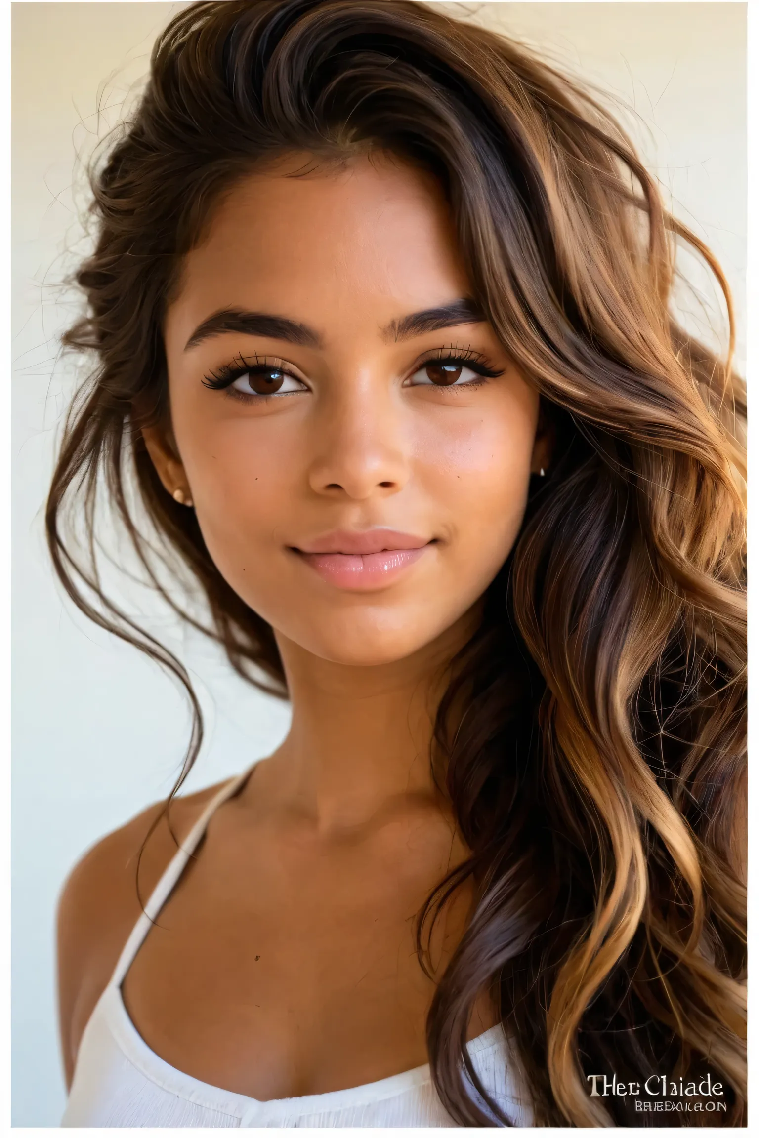 A close-up portrait of a 19-year-old Brazilian woman with a unique and striking face. She has lightly tanned skin, high cheekbones and a naturally symmetrical face. Her almond-shaped eyes are light brown with a subtle sparkle, framed by thick, arched eyebr...