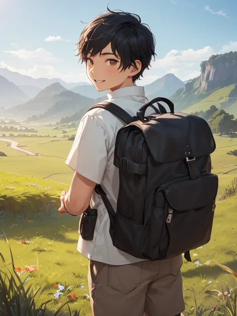 (((One Asian boy)), black hair with one stray hair, short mash hair, RPG-style adventurer outfit, small backpack on back, pouch on waist, natural standing posture, open-mouthed smile, full body shot, endless, majestic grassland, gently undulating terrain, ...