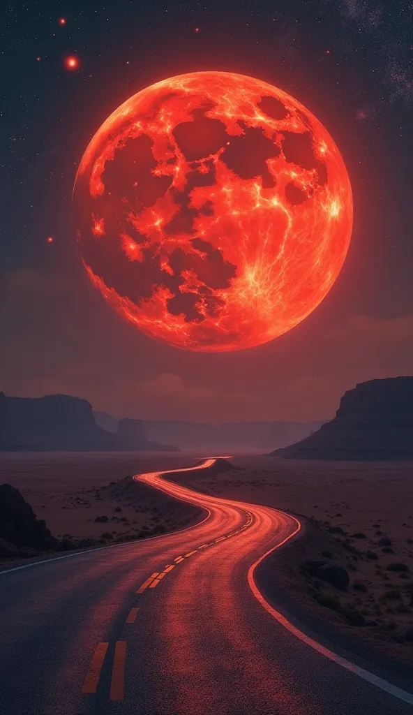 A desert road the night in the background the huge moon in shades of red a starry sky 