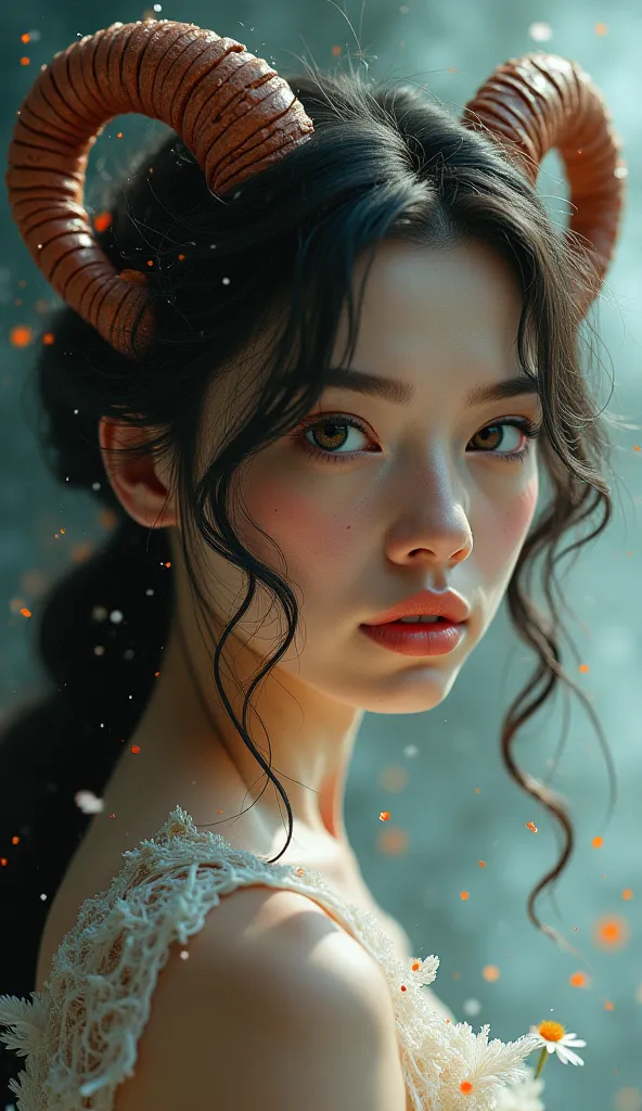 generate a picture on the topic of a beautiful anxious girl with horns, zodiac sign aries