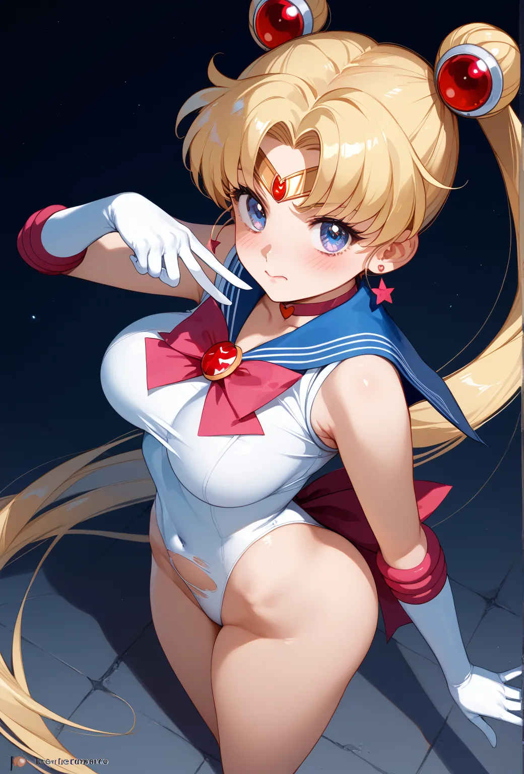 masterpiece,  high image quality  ,  best quality,8k,( Sailor Venus , - )、 Big Breasts 、  sexy white high-leg leotard （ torn leotard）、  belly button、  waistline 、 slender、 underbob、Tight ass、 Beautiful Slender Hands and Legs
He looks up at his viewers with...