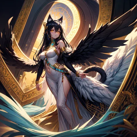 masterpiece, absurdres, best quality, 1girl, , fur arms, blue scales, feathered wings, lion tail, black hair,  long hair, egyptian hair style, jewelry, clawed hands, egyptian clothes, glowing eyes, yellow eyes, cat eyes,  masterpiece, absurdres, best quali...