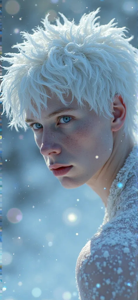 (Jack Frost: 1.6), full full body shots  photorealistiic young man, fairy prince , 18 years old, milk white skin, blue eyes, white hair, shirtless, 6-pax abs, (full body shot), young boy, 18 years old, beutiful, perfect, milk white skin, handsome and ver h...