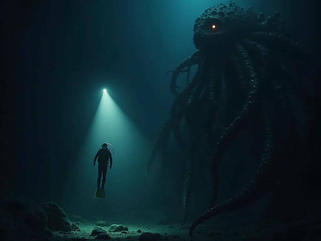 A deep-sea diver floating in the pitch-black depths of the Mariana Trench, illuminated only by a dim flashlight. To the right, a colossal, monstrous sea creature with glowing eyes and massive tentacles emerges from the shadows. The left side and center of ...