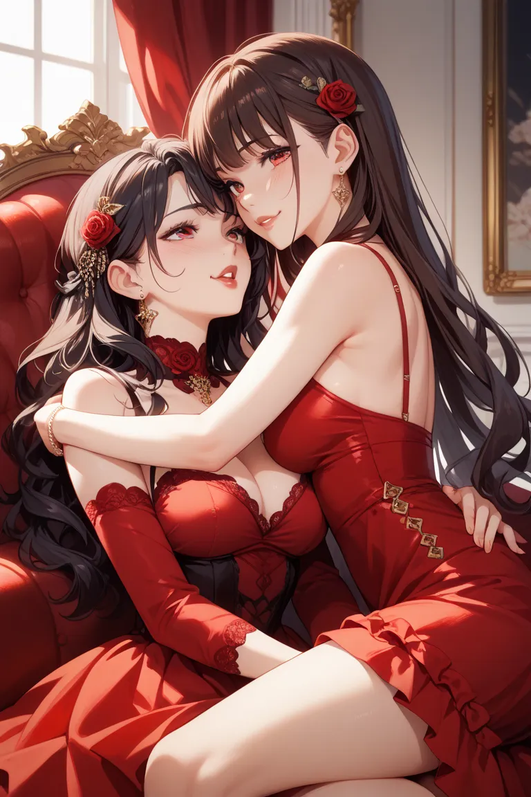 long haired and dark haired ， with dark hair down ，A girl with red eyes and a beautiful face、red glossy lips、Oshitakoshi、Sit with slender legs 、red dress，Brown Beauty，　Suki，True face，Overflowing with smiles，Affectionate Sex， undress，Rose，two women