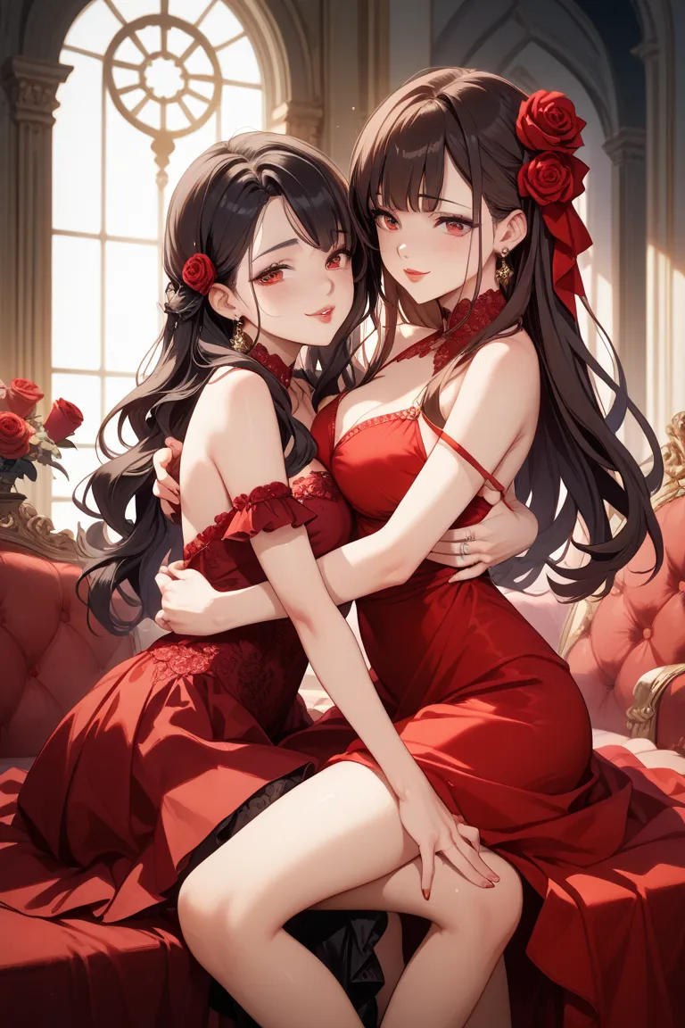 long haired and dark haired ， with dark hair down ，A girl with red eyes and a beautiful face、red glossy lips、Oshitakoshi、Sit with slender legs 、red dress，Brown Beauty，　Suki，True face，Overflowing with smiles，Affectionate Sex， undress，Rose，two women