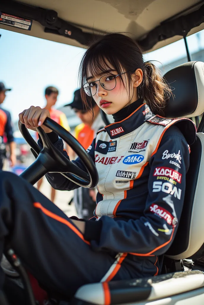 ((highest quality)), ((傑highest quality、masterpiece、High sensitivity、High Resolution、detailed description、depicting a delicate face))Slender Woman、glasses、racing suit、Get on a golf cart、Pit in、Racing Team、
