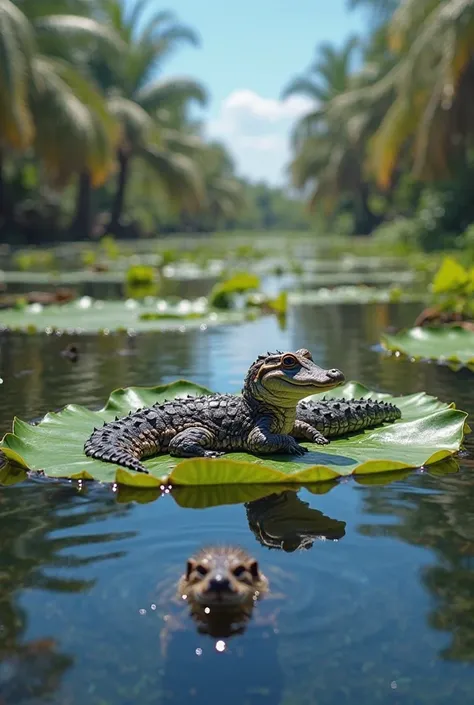 On a large Victoria-Régia leaf in a calm lake, a calming alligator cub quietly, your eyes attentive to the water surface. Below the sheet , a baby otter emerges, with wet hair shining in the sun. The water reflects the blue sky, creating an enchanting trop...