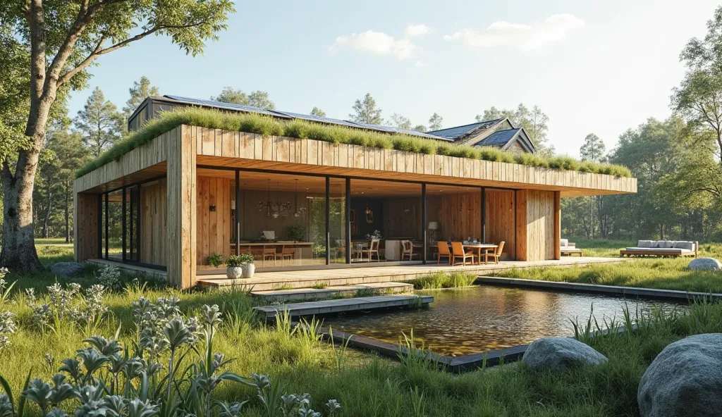 Minimalist House with Green Roofs
"A sustainable prefabricated house in a minimalist style, with clean geometric shapes and straight lines. The structure is made of recycled wood and has large windows to maximize natural light. The roof is covered with veg...