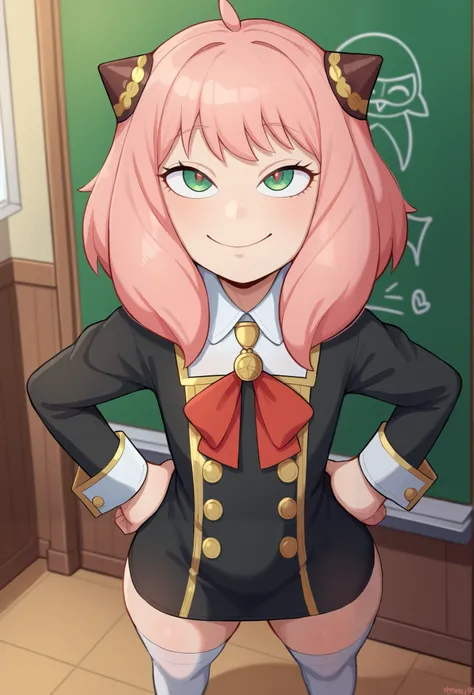 score_9, score_8_up, score_7_up, Yamathegod artsryle, 1girl, solo, anya forger nsfw, (/spy x family/), little  girl, size difference, short girl, from above, looking up at viewer, innocent, pink hair, hairpods, school uniform, dress, black dress, yellow, g...
