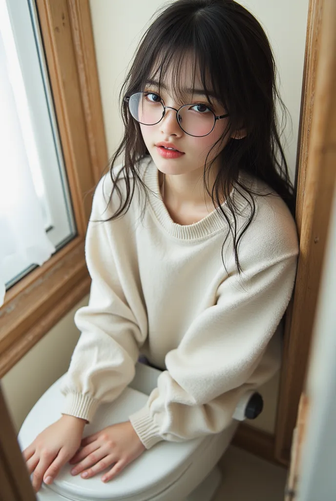 (( top quality)), ((傑 top quality、 Masterpiece、High sensitivity、 high resolution、 detailed depiction of up to the front door、 delicate face with a playful smile))Slender Woman、Glasses、Eye patch、 sitting on the toilet 、