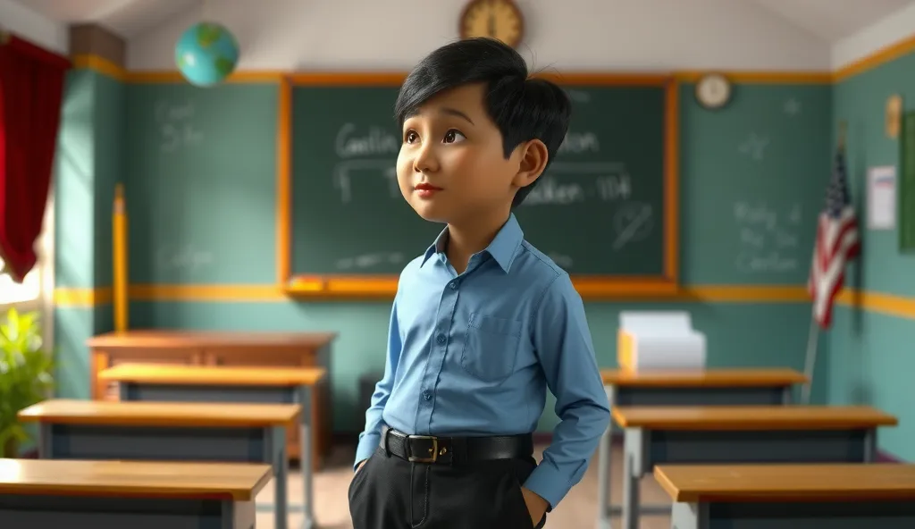 Prabowo,35 year old male,short neat hair,black,hopeful,light blue shirt and black trousers,gazing at an old chalkboard,classroom with worn desks and vibrant accents,Pixar 3D animation