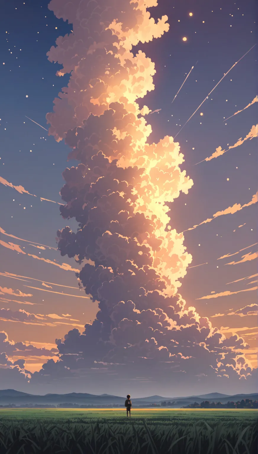 Cloudy, textured clouds anime style Alone niño minimalista! serca de un acantilado  contemplando el cielo expansivo lleno de nubes esponjosas, iluminadas con luz dorada  the stars
, Makoto Shinkai Cyril Roland, 4k anime art wallpaper, 4k anime art wallpape...