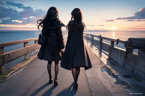 High image quality, high resolution, smooth gradation, vivid colors, a black cloak, a black student uniform, black stockings, black lace-up shoes, black hair, a high school girl, Winter, dark sky, sea, horizontal perspective, straight concrete embankment r...