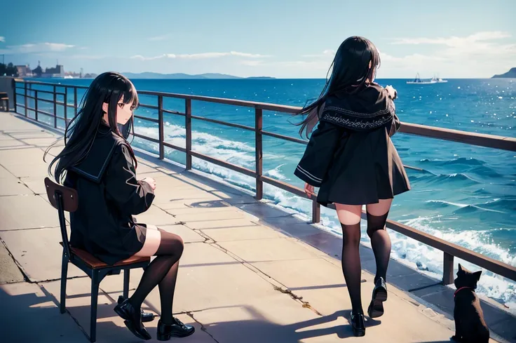 High image quality, high resolution, smooth gradation, vivid colors, a black cloak, a black student uniform, black stockings, black lace-up shoes, black hair, a high school girl, Winter, dark sky, sea, horizontal perspective, straight concrete embankment r...