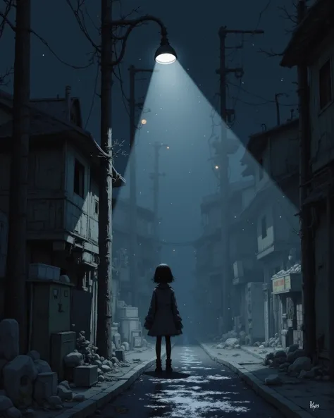 A Lone Figure Under a Streetlamp, A lonely person、on a quiet night street after the rain、standing under a dimly lit street lamp。wet asphalt reflects light and、light fog creates a fantastic atmosphere。nostalgic scene where loneliness and beauty coexist。