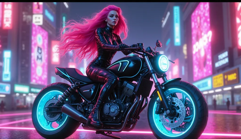  Synthwave Biker Queen – Racing Through the Neon Grid
A hot, fierce female rider, sitting astride a sleek, retro-futuristic motorcycle with glowing cyan rims. She has long, voluminous magenta hair that flows behind her, piercing blue eyes, and glossy purpl...