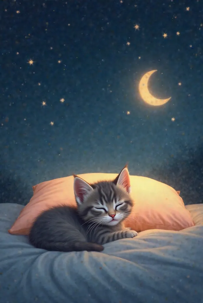 Here's a prompt for you:

"A cute kitten snuggled up on a soft bed, eyes half-closed, ready to drift off to sleep. The bed is surrounded by a glowing pillow that casts a warm, peaceful light. Above the kitten, stars twinkle gently in the night sky, and a s...