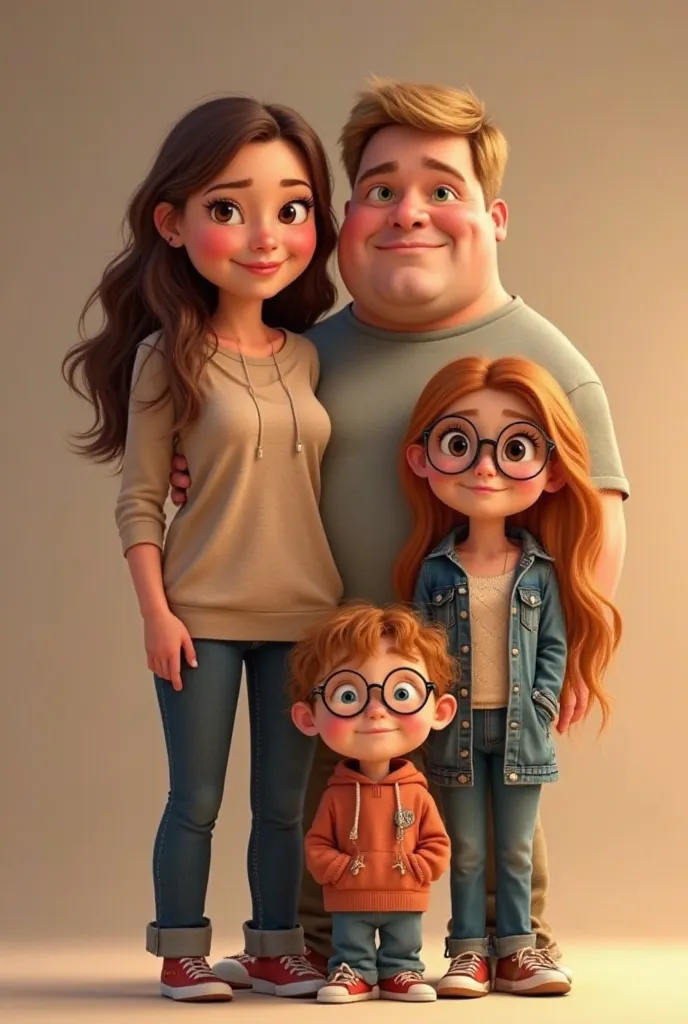 create an animated PIXAR/DISNEY style family of 4, with a mother, with BROWN wavy hair and BROWN eyes, a father with BLONDE hair and blue eyes, little fat belly; TWO adult DAUGHTERS, one with BLONDE long hair, BROWN eyes and black glasses; the other one ta...