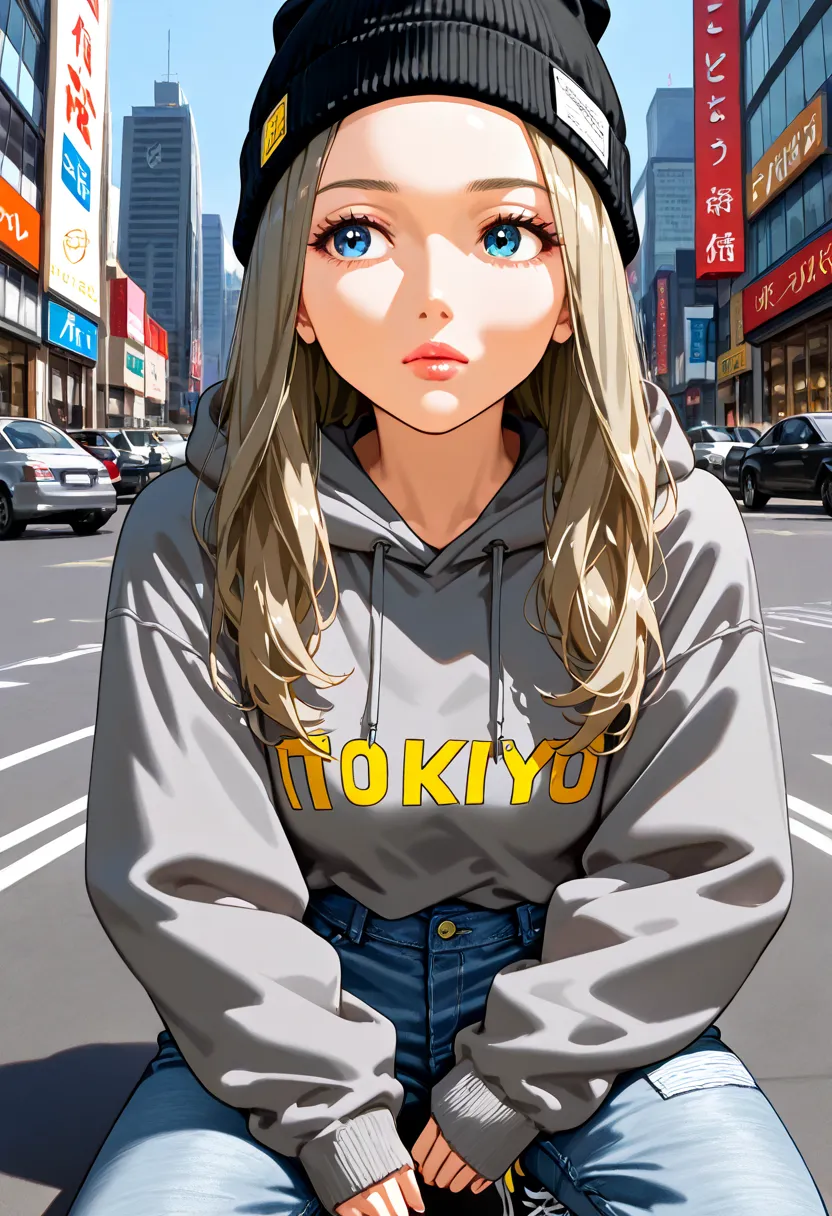 adult woman, Gold:1.3,long hair,baggy  denim pants:1.3,oversized grey hoodie,sneaker,black Beanie,face focus, Tokyo ,city,look away